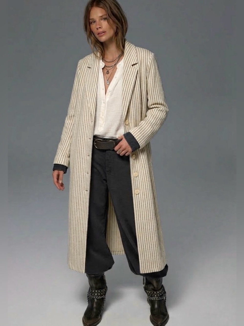 Vintage 90s Weekenders Cream Blue Pinstripe Long Duster Jacket Made USA Small
